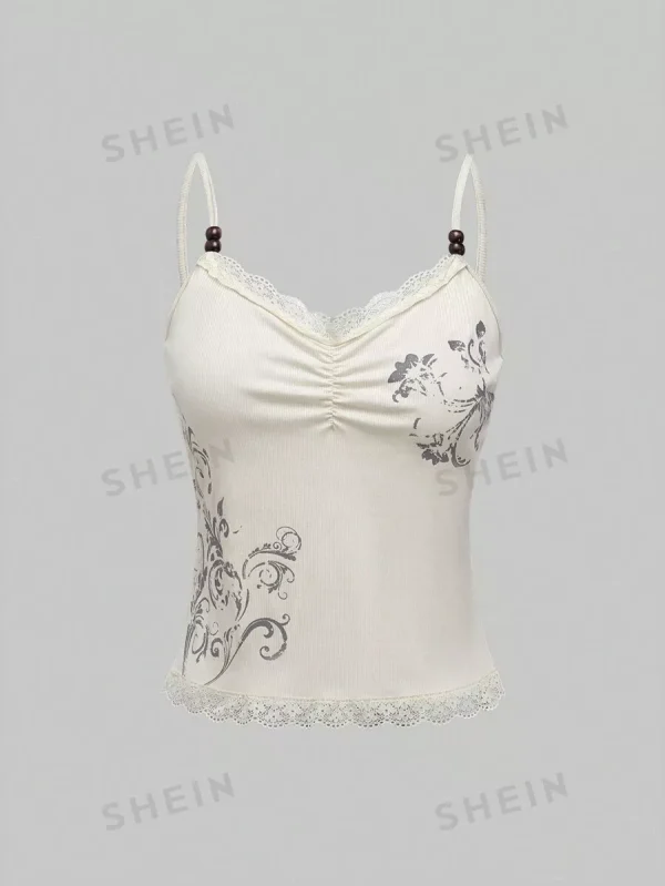 ROMWE Fairycore Lace Spliced Floral Printed Vintage Women's Cami Top