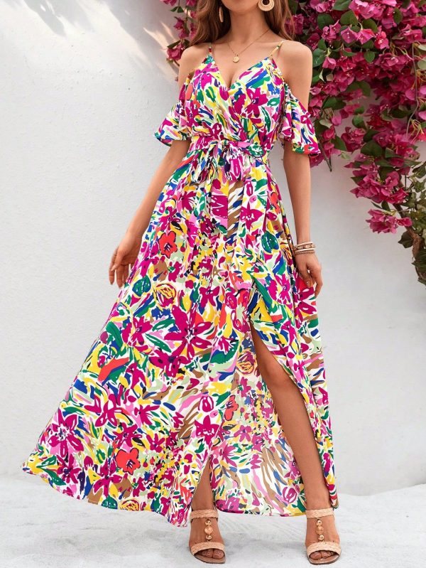 Women's Vacation Style Slit Printed Off-The-Shoulder Summer Beach Dress