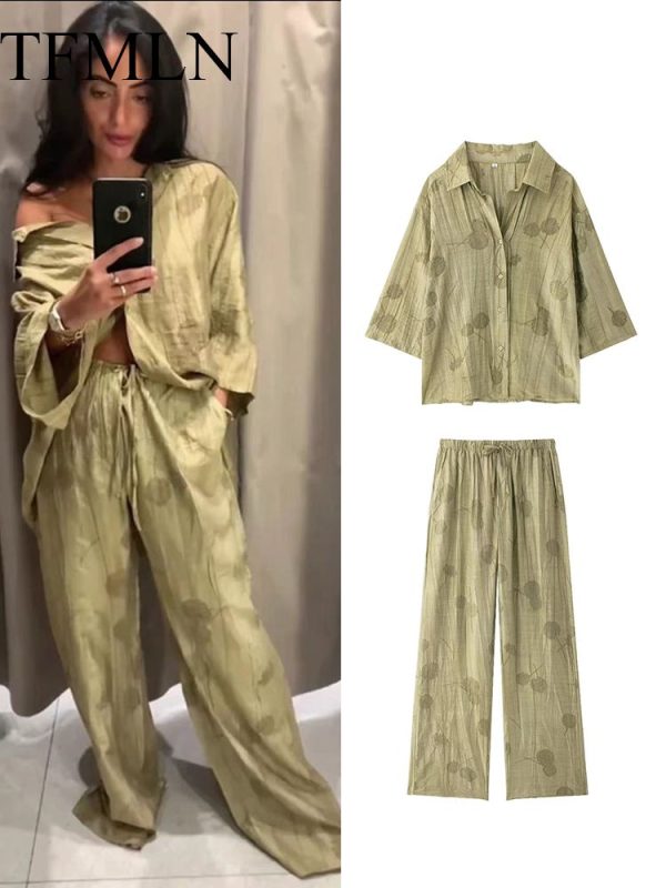 TFMLN Women's Fashion Two Piece Set Loose Jacquard Shirt 2024 High Waist Trousers Set Lapel Half