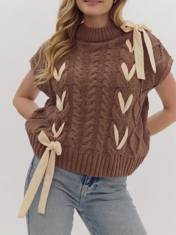 Women Y2k Lace Up Ribbon Sweater Vest With Bow Twist Knit Mock Neck Crochet Tank Top Cute Cap Sleeve Cable Sweaters Tops Spring Valentine's Day Outfits