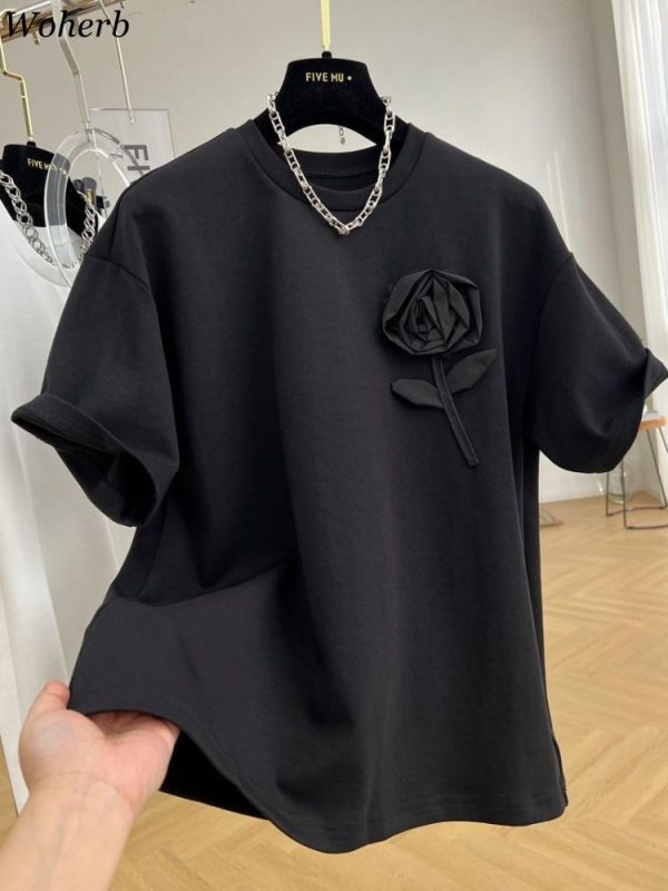 Shirts for Women Summer Tshirts O-neck Short Sleeve 3D Floral Tees Chic Black Y2k T Shirts Harajuku