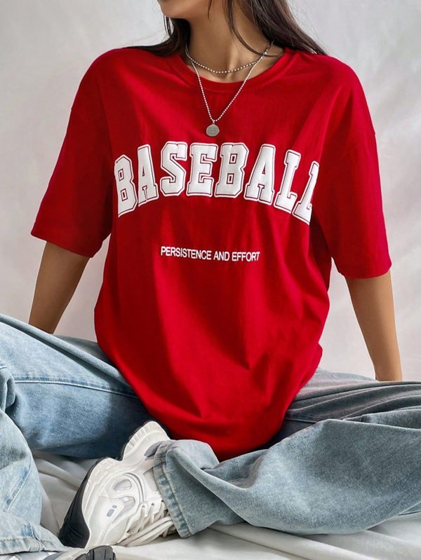 Slogan Graphic Drop Shoulder Tee BASEBALL PERSISTENCE AND EFFORT For New Year Clothes Graphic Tees Women Tops
