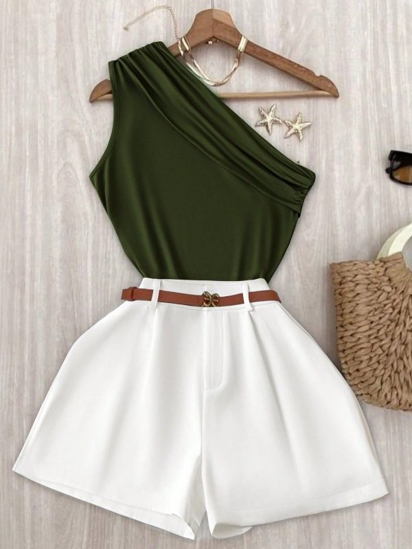 Women's Casual Plain Ruched Camisole And Shorts 2 Pieces Set
