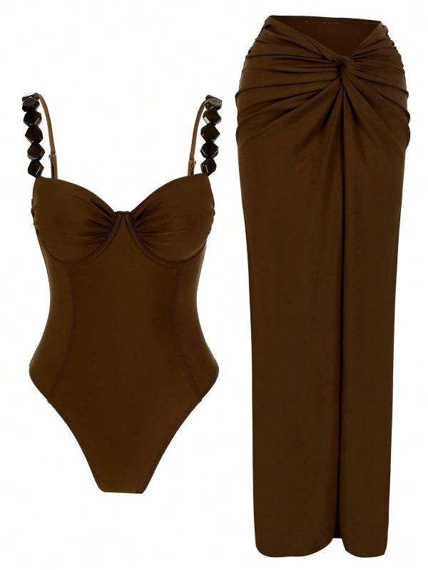 Europe & US Style Solid Color Sexy Women One-Piece Swimsuit Set