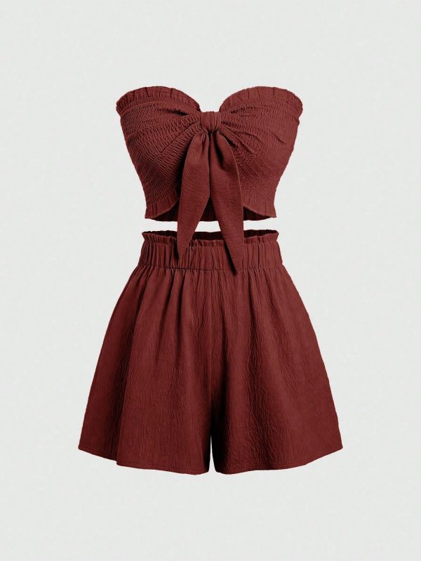 2pcs/Set Women Casual Daily Wear Knotted Front Bandeau Top And Shorts, Summer