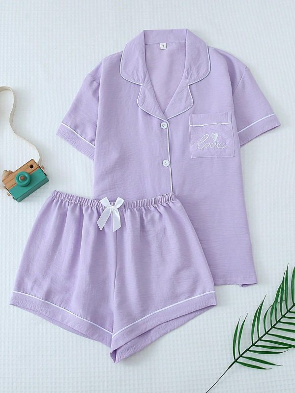 Women's Summer Contrast Trim Short Sleeve Shirt With Lapel Collar & Button Closure And Bow Knot Shorts Pajama Set, Suitable For Home Use