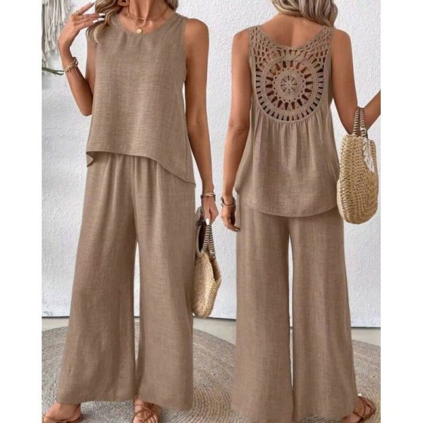 Spring Summer Fashion Solid Two Piece Sets 2024 Women Casual Loose Hollow Lace Sleeveless Top Wide