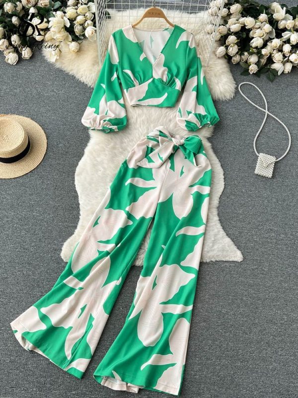 Zingj Fashion Autumn Print Sets Female Puff Sleeve Short V Neck Top+Wide Leg Long Pants Streetwear Women Two Pieces Suits green-XXL