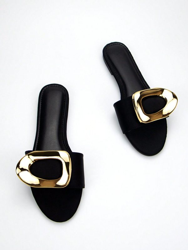 Women's Gold-Tone Hardware Buckle Embellished Black Lycra Material Comfortable Round Toe Flat Mule Sandals For Daily Wear