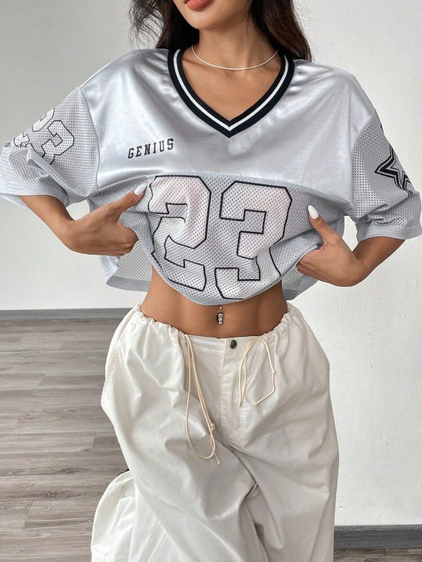 V-Neck Mesh Fabric Letter & Number Print Loose Cropped T-Shirt