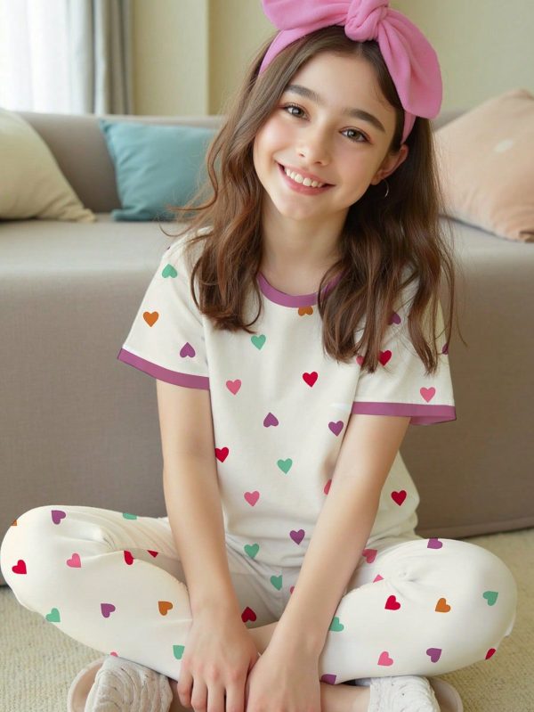 Cute Sweet Colorful Heart Print Tween Girls Casual Minimalist Short Sleeve Pants Homewear Set, Snug Fit, Spring/Summer