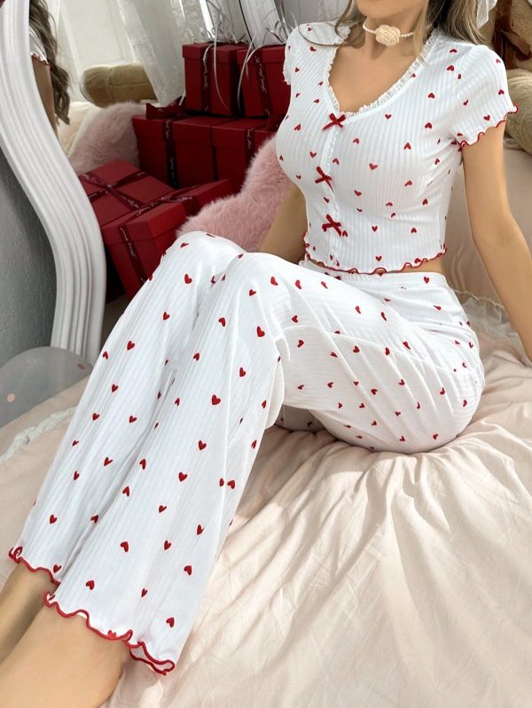 Ladies' Heart Pattern Printed Short Sleeve Pant Pajamas Set White Set