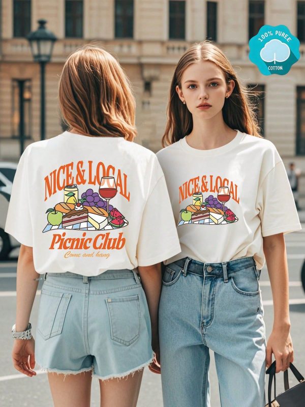 (180g Pure Cotton T-Shirt) Nice&Local Picnic Club Illustration Front And Back Pictures Printed Women's Summer Round Neck Thick Short Sleeved T-Shirt Casual Pure