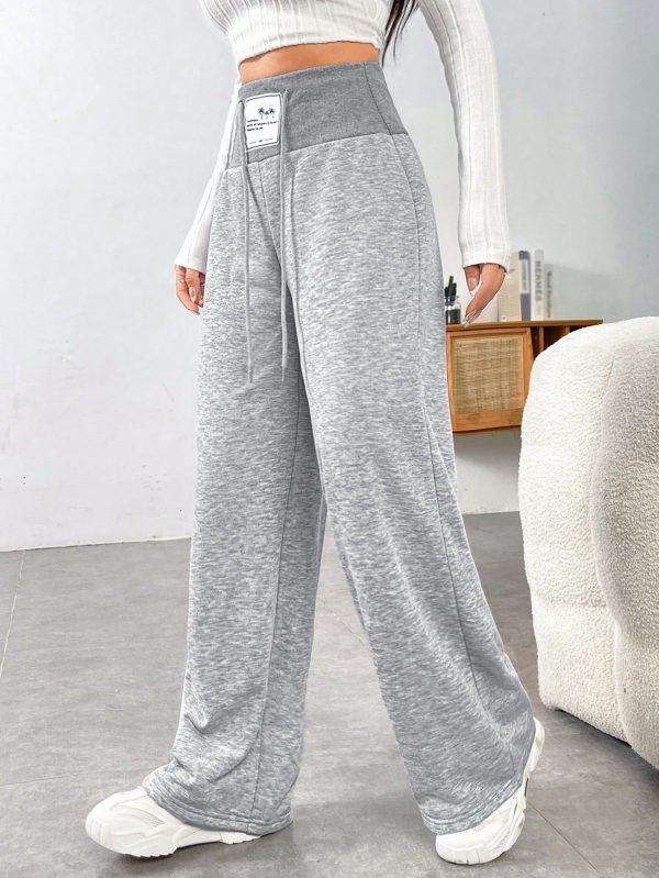 Summer Outfit Letter Patched Wide Leg Grey Drawstring Waist Sweatpants