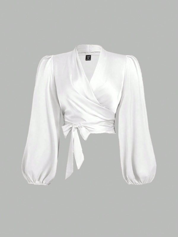 Plus Size Women's White Wrap-Style Tie Bow Lantern Sleeve Blouse Tops Women Blouses Blouses For Women White Top Women Blouses Shirts Women Blouses