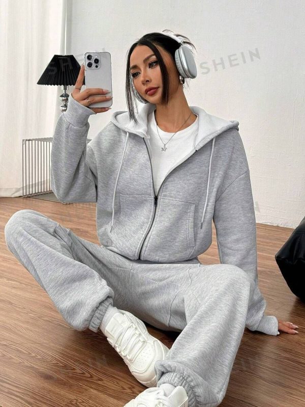 INAWLY Women's Solid Color Hooded Drawstring Sweatshirt And Pants 2 Pieces Set