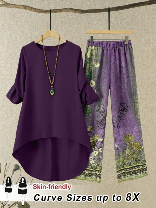 Plus Size 2 Pieces Women's Round Neck Mid Sleeved Top And Pants Casual Women's Set