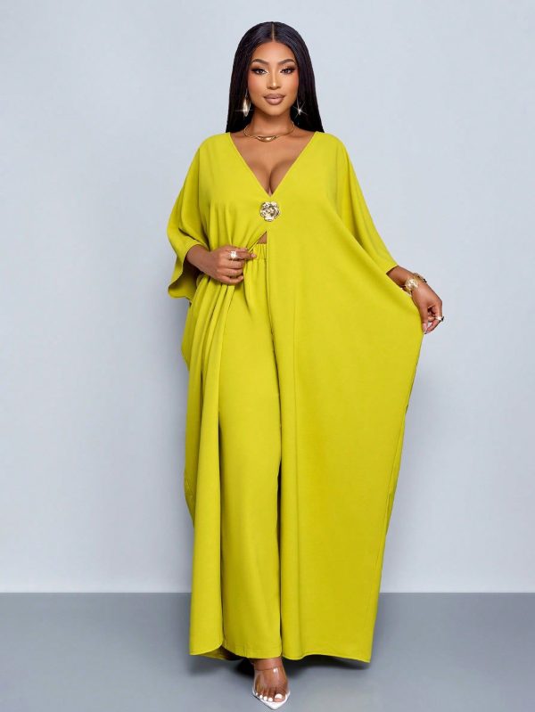 Plus Size Women's Fashion Solid Color Elegant Draped V-Neck Wide Loose Casual Top And Wide Leg Pants Set With Gold Trim Detail Top, Spring And Summer Style, Wedding Season, Vacation Two Pieces Set