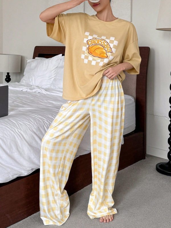 2pcs/Set Women Croissant Print Loose Short Sleeve Pajamas Set, Summer
