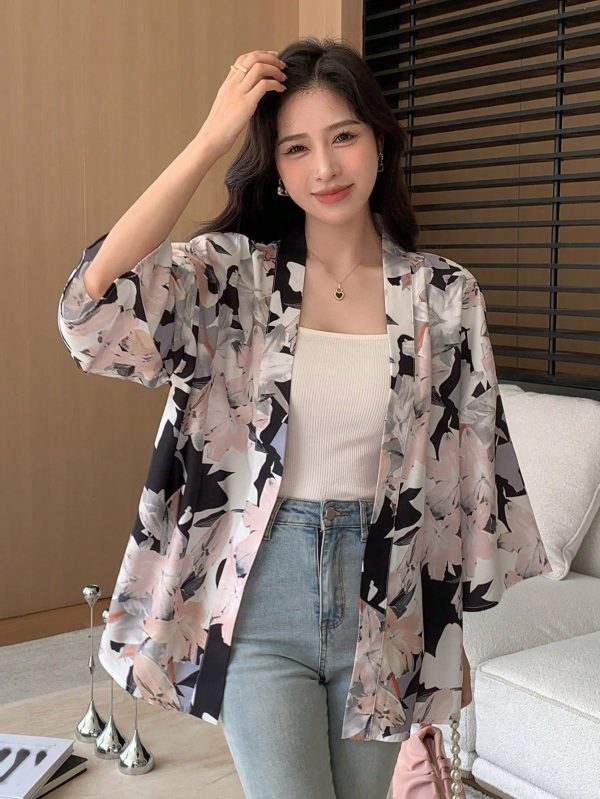 Allover Floral Print Open Front Drop Shoulder Blouse