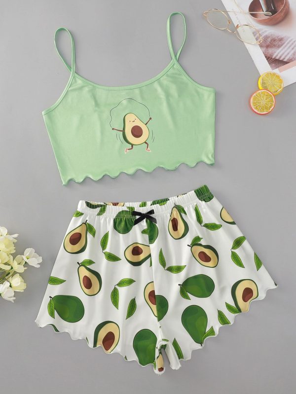 Scallop Trim Cartoon Graphic PJ Set / Pajama Set