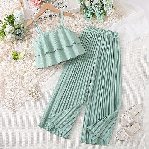 2 Pieces Kids Girls' Solid Color Ruffle Pants Suit Set Sleeveless Fashion School 7-13 Years Summer Yellow Pink Purple