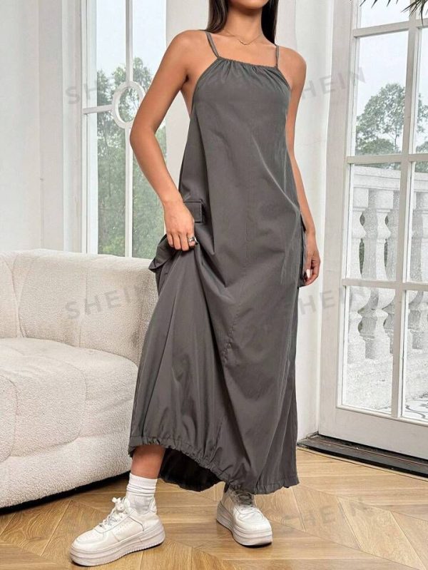 Flirla Women's Solid Color Cargo Pocketed Cami Dress Maxi Women Outfit