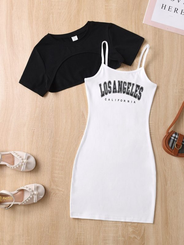Tween Girl High Low Hem Tee & Letter Graphic Cami Dress