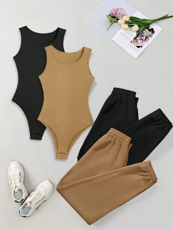Women's Round Neck Tank Bodysuit And Pants Set