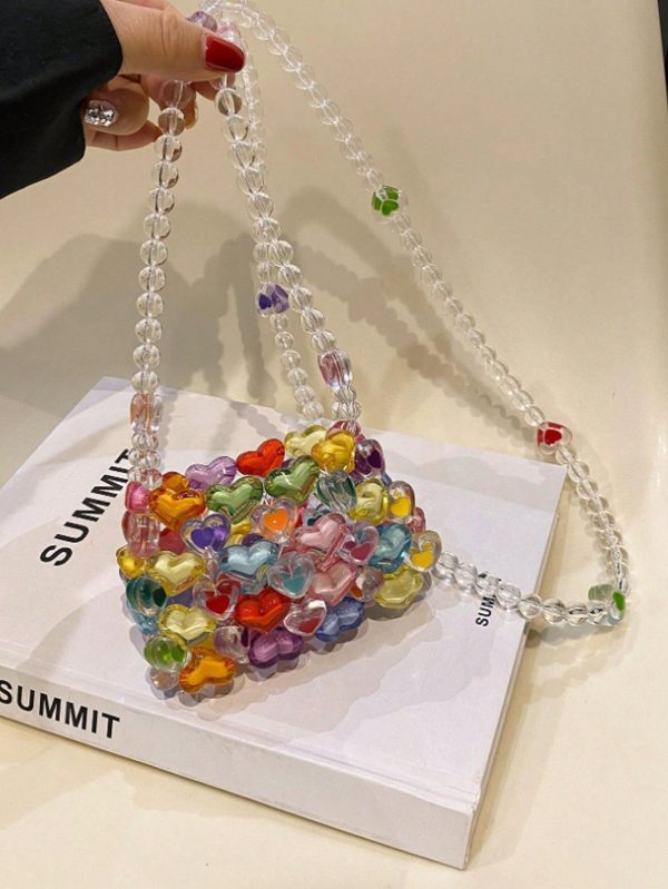Mini Heart-Shaped Bead Square Bag With Color Matching Fashion, 1 Fashionable Colorful Heart-Shaped Bead Square Bag, DIY Hand Woven Bead Color Matching Mailman Bag, Hand Woven Faux Pearl Hand-Held Diagonal Cross Bag, Very Suitable For Music Festivals, Trendy Heart Purse, Perfectly Match With Valentine Day Dress