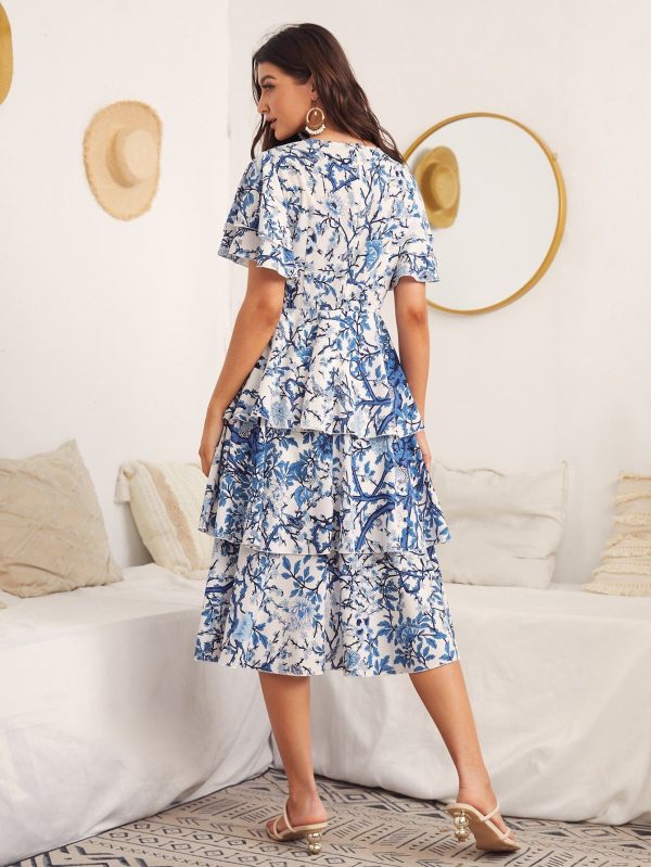 Fluttering Floral Beauty: Butterfly Sleeve Layered Hem Floral Dress - Multicolor-2 / XXL