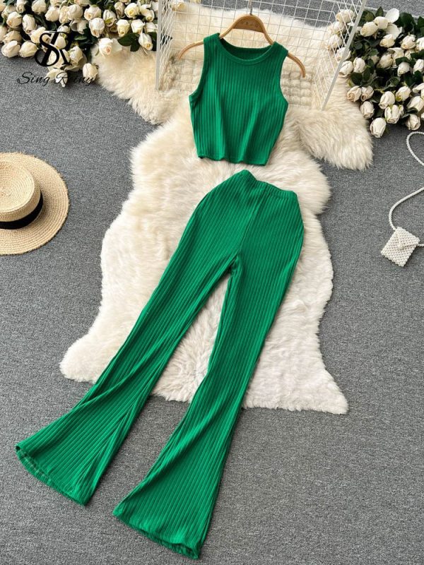 Zingj Women Casual Pants Set Fashion Bodycon Slim Short Tank Top +Striped Wide Legs Long Pants Solid Summer Two Piece Suit green-One Size
