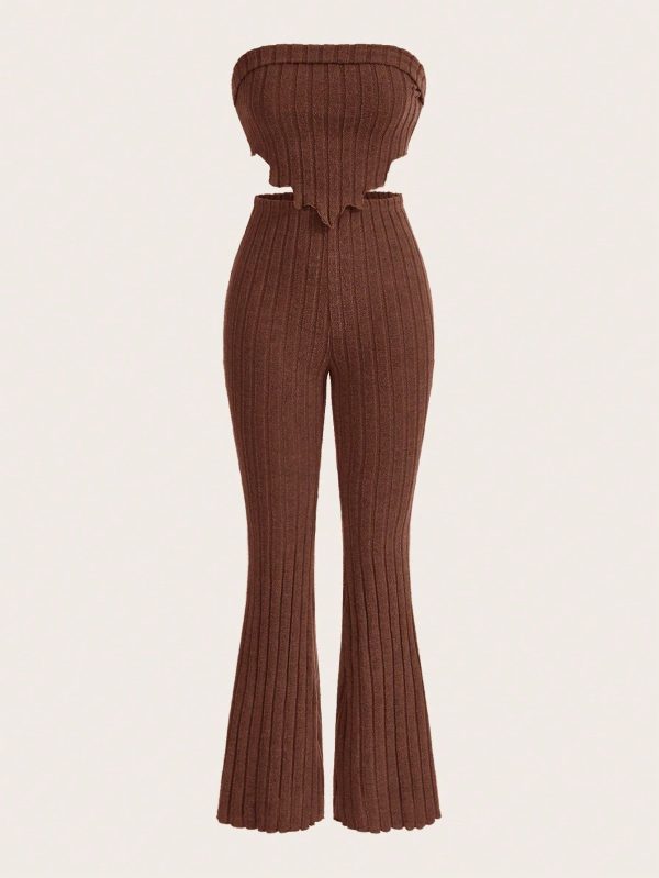 Women's Solid Color Ribbed Slim Fit Tube Top And Flared Pants Two-Piece Set