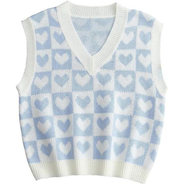 Women's Sleeveless Round Neck Cute Strawberry Sweater Blue White | Color: Blue/Tan/White | Size: Various