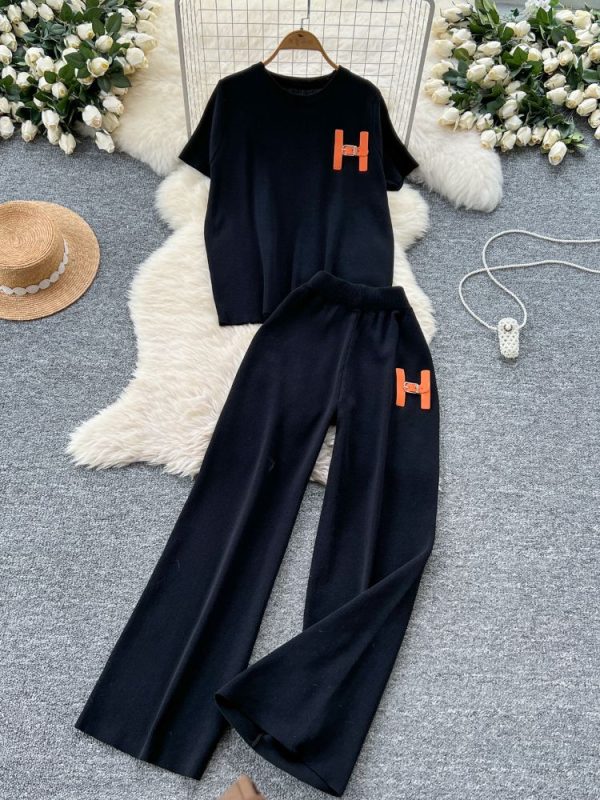 Leisure Knitted Set 2025 Summer Fashion Letter Embroidered Sweater and Wide Leg Pants Set Two Piece