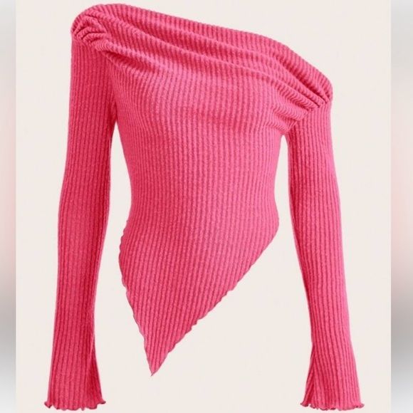 Shein Tops | Shein Icon Top Pink Ribbed Off Shoulder Asymmetric Long Sleeve Trendy Barbiecore | Color: Pink | Size: M