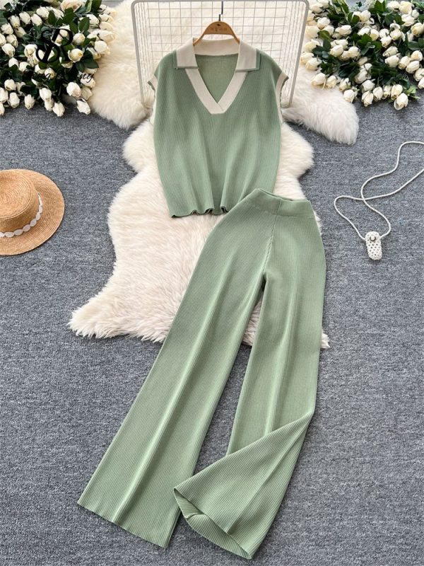 SINGREINY Summer Casual Women Sets Sleeveless Polo V Neck Color Block Tops+Wide Legs Long Pants