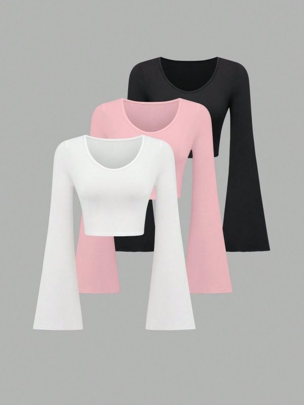 Women Fashion Solid Color Short Bell Sleeve T-Shirt