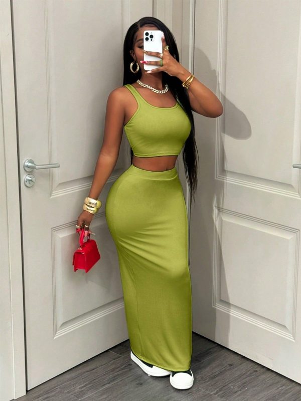 2pcs/Set Women Solid Color Sleeveless Top And Fitted Maxi Skirt