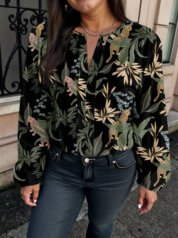 Women 1 Pc Black Notched Long Sleeve Casual Tropical All Over Print Plants Plain Graphic Spring/Fall Button Front Plus Size Blouses ,Suitable For Going Out, Vacation, Work, Business Casual Spring Summer Outfits For Women, Blouses For Women Elegant