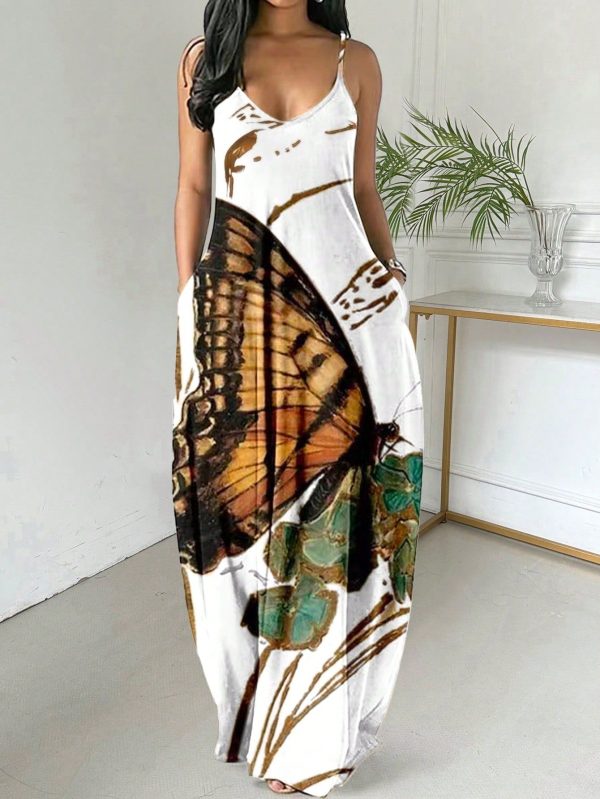 Summer Fashion Butterfly & Flower Printed Spaghetti Strap Dress Maxi Women Outfit