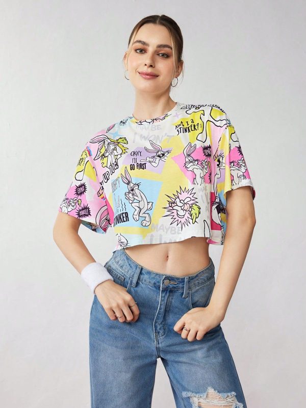 Casual Cartoon Rabbit & Slogan Printed Drop Shoulder Loose Cropped T-Shirt, Summer