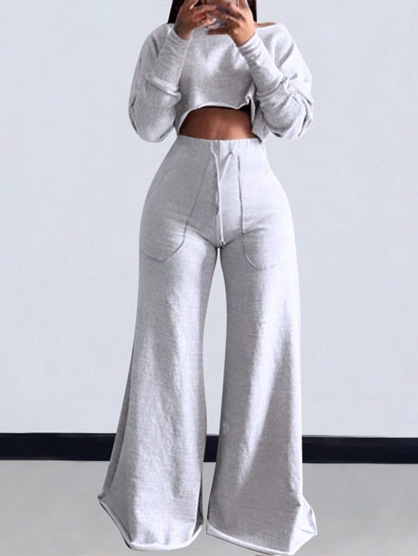 Plus Size Women Spring Floral Print Cropped Long Sleeve Sweatshirt And Drawstring Waist Wide Leg Sweatpants 2 Pieces Set