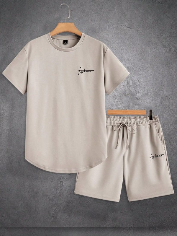 Men's Letter Print Knit Short Sleeve T-Shirt And Shorts 2pcs/Set, Urban, Casual Men Two Piece Set