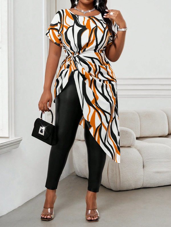 Women's Round Neck Short Sleeve Twisted Asymmetrical Hem Line Printed Plus Size Shirt Valentine Day New Years Women Outfit Vacation Outfits Woman Beach Outfits For Woman Beach Vacation Outfits Summer Dress Vacation Cruise Outfits Women Sexy Country Concert Outfit Beach Vacation Summer Outfits For Women Summer