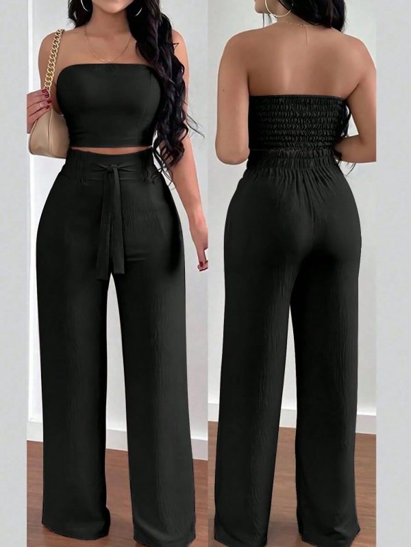 2pcs Casual Vacation Tube Top Blouse And Loose Straight Leg Pants Set