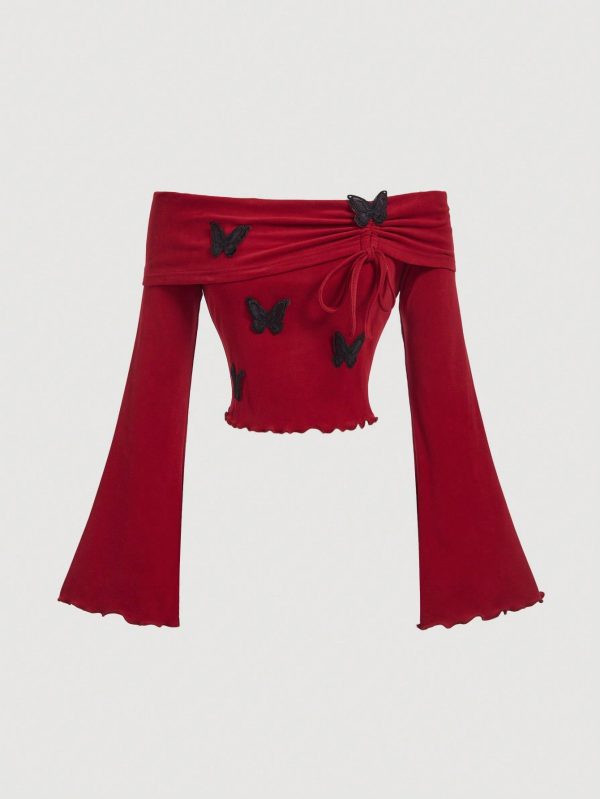 1pc Red Off-Shoulder Long Sleeve T-Shirt With Bow Decor And Drawstring