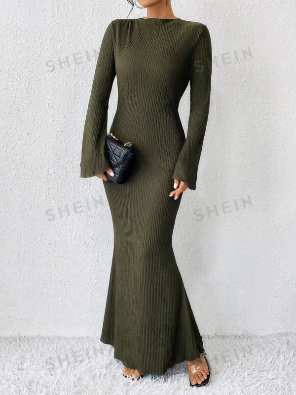 Rafferiza Solid Color Long Bell Sleeve Women's Dress Maxi Women Outfit