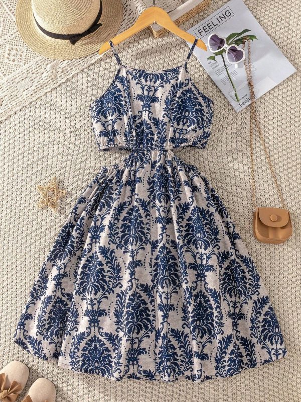 Tween Girl Plant Print Cutout Waist Casual Cami Dress