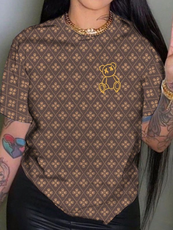 Women's Regular Geometric Bear Print Round Neck Short Sleeve T-Shirt